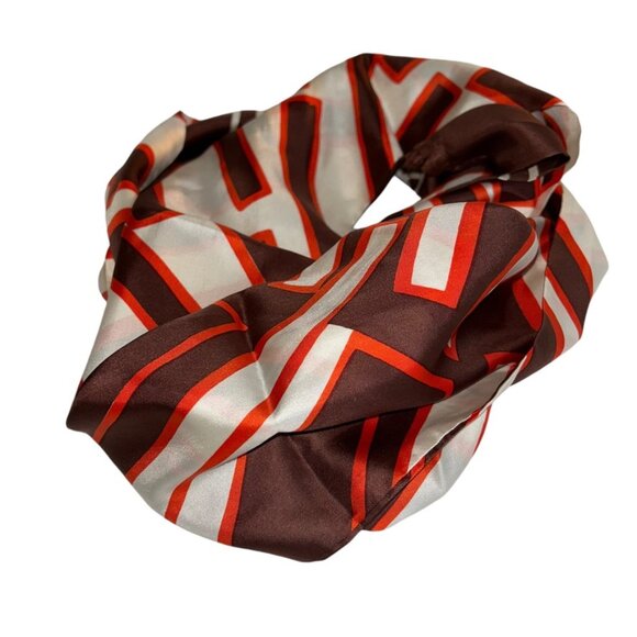 Fall brown Orange vintage 100% SILK fringe trim 60s mod print scarf ASNEW - Picture 2 of 5